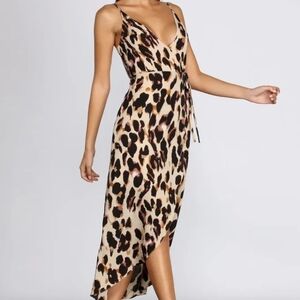 Leopard Print Spaghetti Strap Wrap Midi Dress.